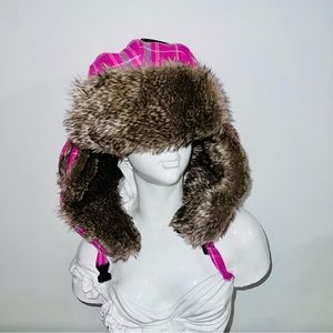 Winter Hat Faux Fur Trapper Style Plaid Pink